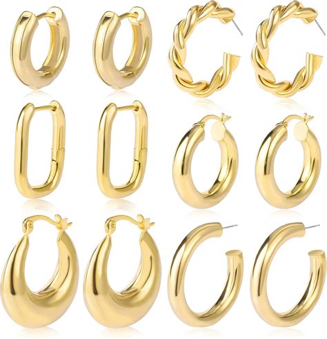 6 Pairs Chunky Gold Hoop Earrings Set For Women 14k Gold Plated Hypoallergenic Thick