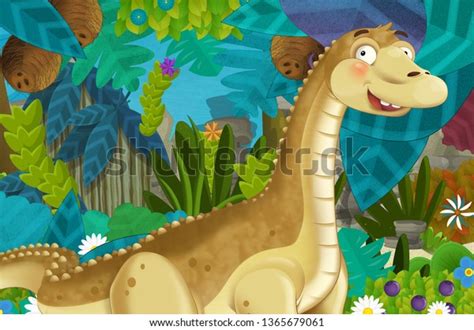 Cartoon Scene Dinosaur Diplodocus Apatosaurus Jungle Stock Illustration