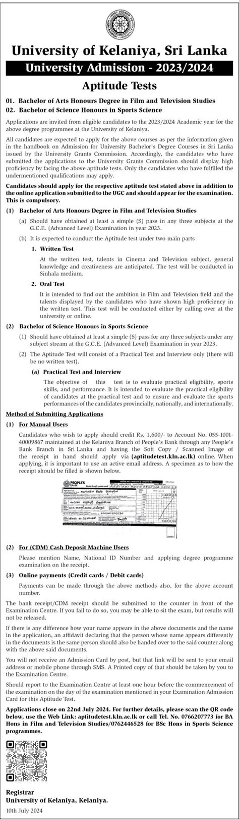 University Of Kelaniya Aptitude Test Application 2024