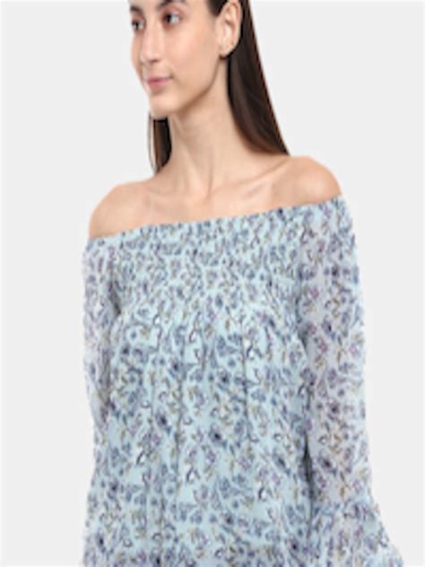 Buy V Mart Blue Floral Print Off Shoulder Georgette Bardot Top Tops