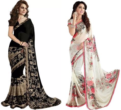 Buy Indian Beauty Black And White Printed Georgette Saree With Blouse