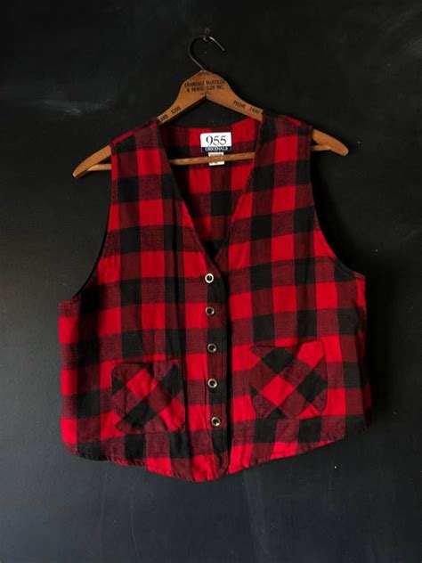 Vintage 955 Originals Buffalo Plaid Check Red And Black Vest Etsy