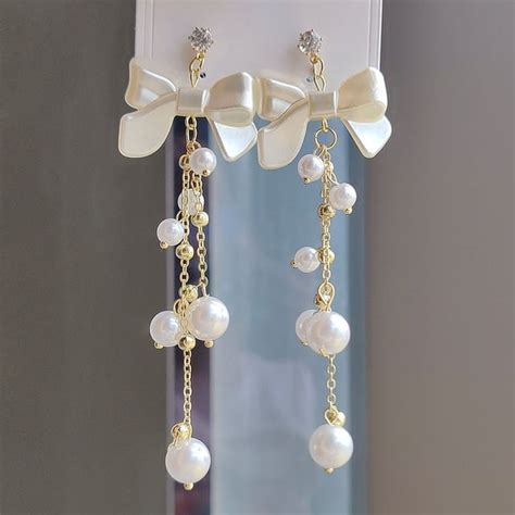 2024 New Summer Pearl Bowknot Long Tassel Drop Earrings For Women