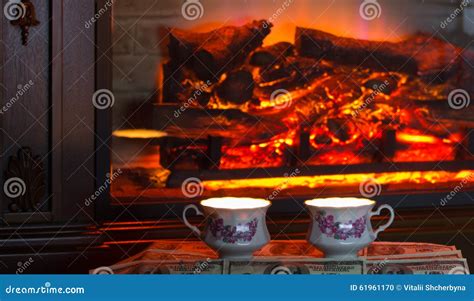 Two Cups Of Hot Drink Near Fireplace Stock Photo Image Of Fire Warm