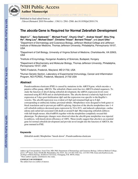 PDF The Abcc6a Gene Expression Is Required For Normal Zebrafish