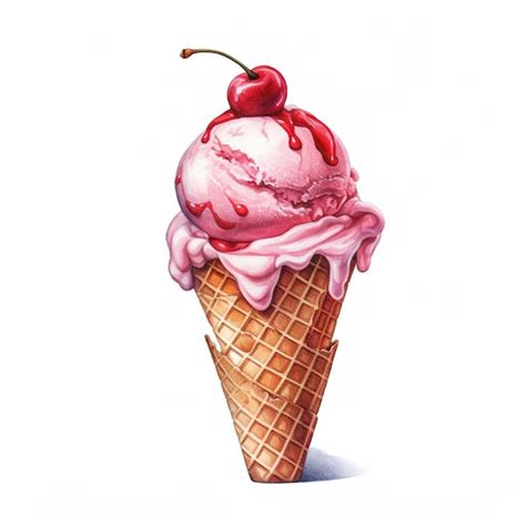 Premium Photo Painting Of A Cherry Ice Cream Cone With A Cherry On