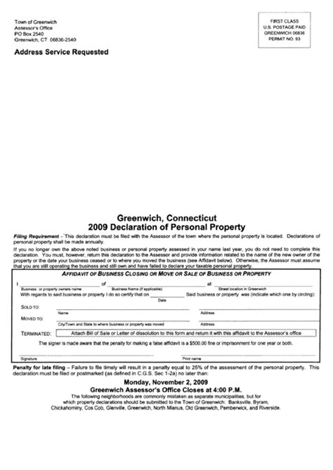 Greenwich Connecticut 2009 Declaration Of Personal Property Printable Pdf Download