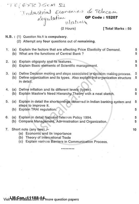 Industrial Economics And Telecom Regulation 2014 2015 Be Electronics And Telecommunication