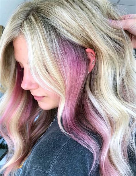 Peek A Boo Pink Color On Blonde Hair Balayage From