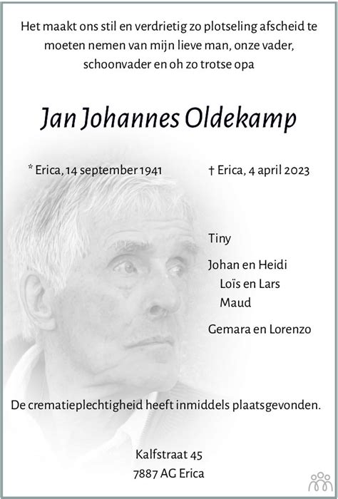 Jan Johannes Oldekamp Overlijdensbericht En Condoleances