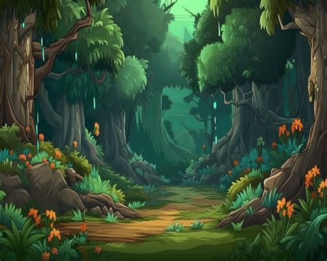 Uma ilustração de um caminho de floresta árvores e flores Vetor