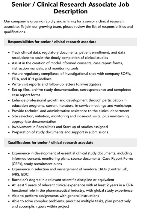 Senior Clinical Research Associate Job Description Velvet Jobs