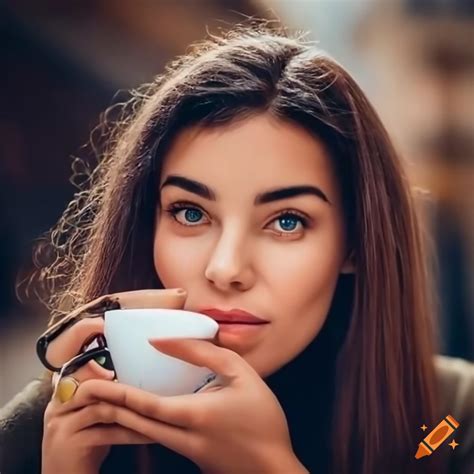 Portrait Of A Beautiful Woman Drinking Coffee On A Terrace On Craiyon