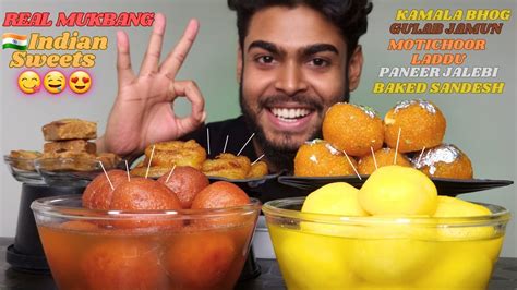 Eating Indian Sweets Gulab Jamun Laddu Kamala Bhog Paneer Jalebi