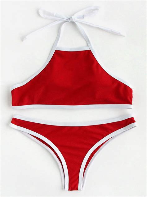 Shop Contrast Piping Halter Bikini Set Online Shein Offers Contrast Piping Halter Bikini Set