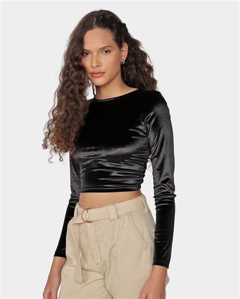 Riachuelo Blusa Cropped Feminina Manga Longa Amarração Veludo Preto