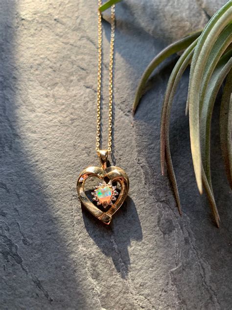 Vintage Gold Plated Heart Pendent Necklace Diamond Opal