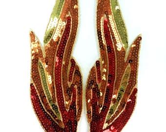 Flame Appliques Fire Red Orange Gold Beaded Holographic Sequin Mirror