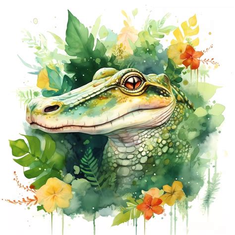 Premium Ai Image A Watercolor Painting Of A Green Alligator With