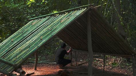 Survival Alone Camping In Rainforest Make The Bamboo Shelter