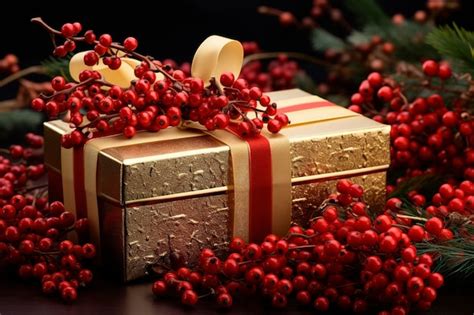 Premium Photo Golden T With Red Berries Christmas