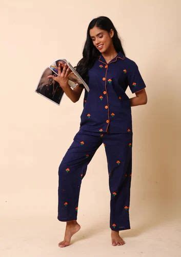 Cotton Women Navy Blue Half Sleeve Printed Notched Collar Pyjama Sets Size Xl At Rs 805set In