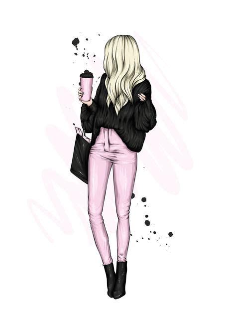 A Drawing Of A Woman In Pink Pants And Black Jacket Holding A Coffee