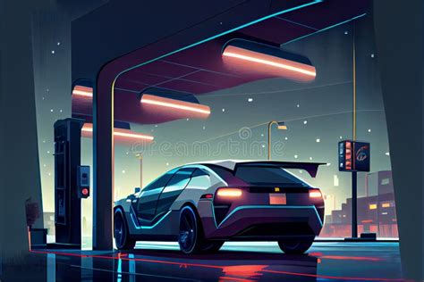 Electric Car At Charging Station Futuristic City Stock Illustration