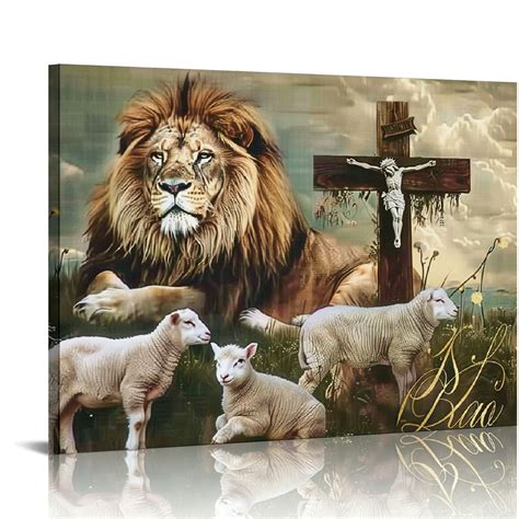 Nawypu Lion Wall Art Lamb Cross Daisy Canvas Prints Painting Lion Of