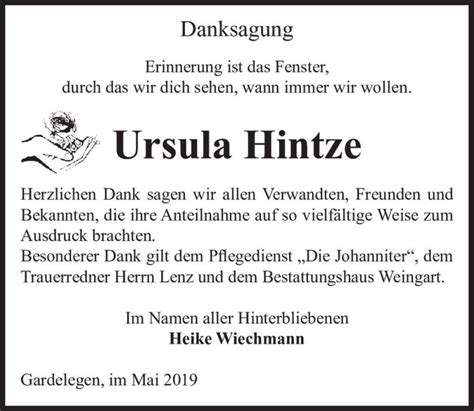 Traueranzeigen Von Ursula Hintze Abschied Nehmen De