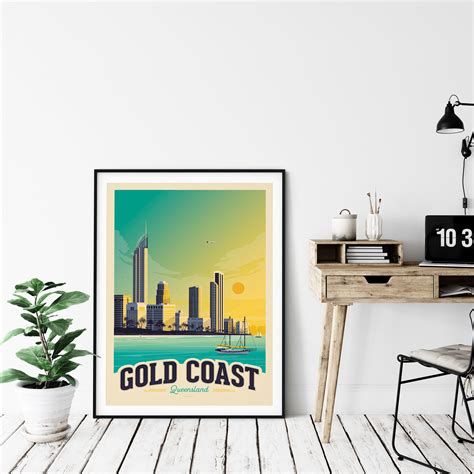 Gold Coast Print Australia Vintage Poster Beach Coastal Etsy