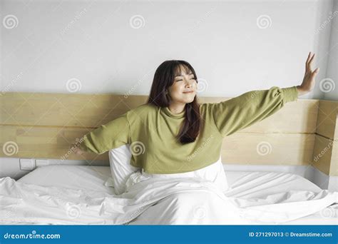 Portrait Of Beauty Happy Asian Woman Awaking Wake Up On The Bed Sleep Stock Image Image Of