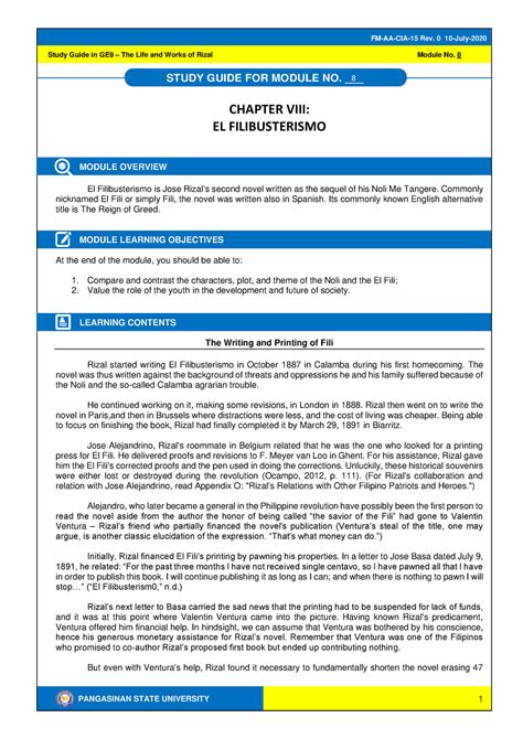 GE9 Module 8 El Filibusterismo PANGASINAN STATE UNIVERSITY Study