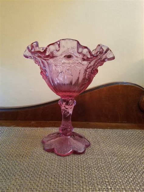 Sold Vintage Fenton Dusty Rose Glass Cabbage Roses Pedestal Candy Dish Tall Compote Bowl 6