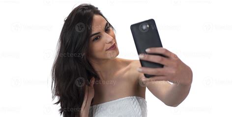 Image Of Beautiful Brunette Woman Laughing While Taking Selfie Photo On