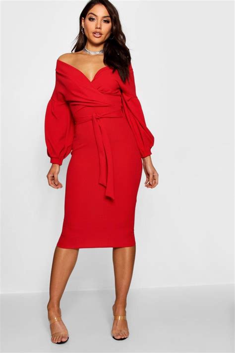 Off The Shoulder Wrap Midi Bodycon Dress Boohoo Midi Dress Bodycon