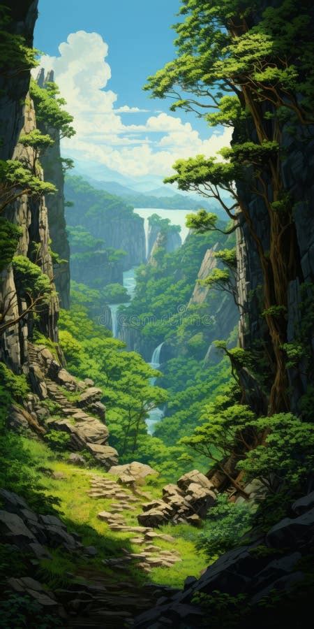 Scenic Anime Art Lush Waterfall In Hiroshi Nagai Style Stock