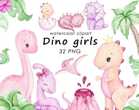 Watercolor Clipart Dino Girls And Baby Dinosaurs