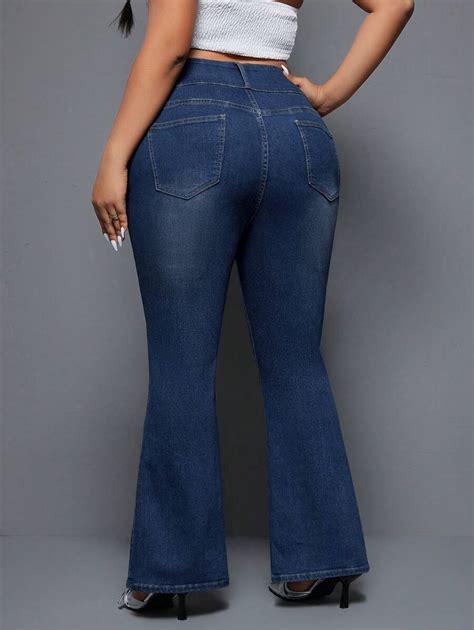 Shein Icon Plus Size Flared Jeans With Fold Over Pocket And Washed