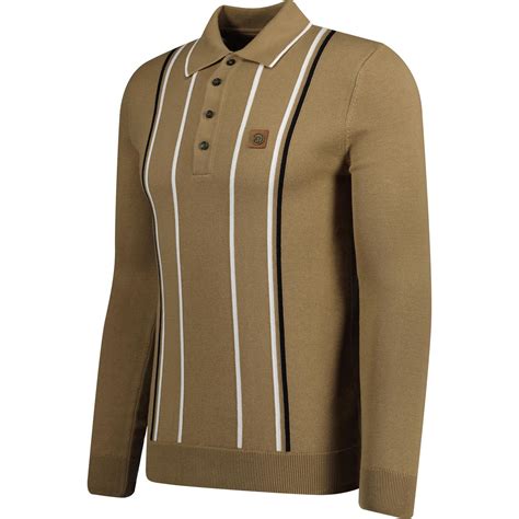 TROJAN RECORDS Retro Mod Stripe Fine Gauge Polo In Camel