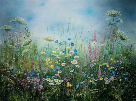 Wallpaper Digital Flower Field Oil Painting Summer Meadow Landscape Poster Wildflowers Etsy