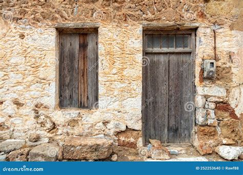 Old Rural Home Facade Weathered Stonewall Cottage Exterior Wooden