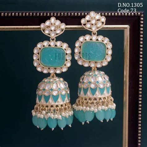 Party Golden Fusion Arts Designer Meenakari Jhumka Kundan Earring At Rs