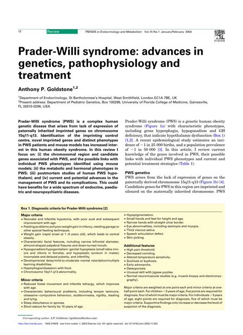 PDF Prader Willi Syndrome Advances In Genetics Pathophysiology And