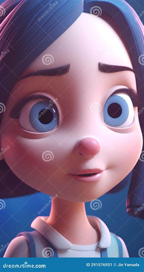 3d Rendering Of A Cute Cartoon Girl With Blue Hair And Blue Eyes Stock