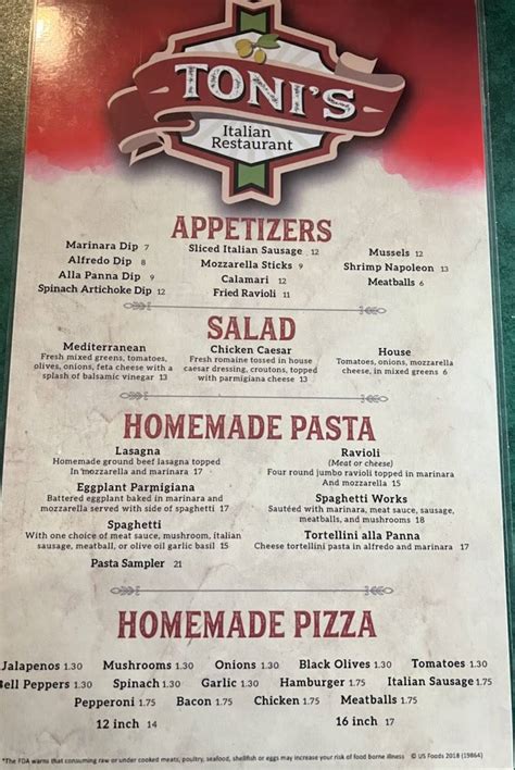 Menu At Toni S Italian Restaurant Olathe