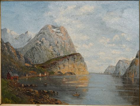 Painting Of Norwegian Fjord Landscape Oil On Cardboard Th Century