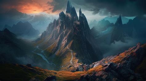 Premium AI Image | A digital painting of a mountain landscape with a ...