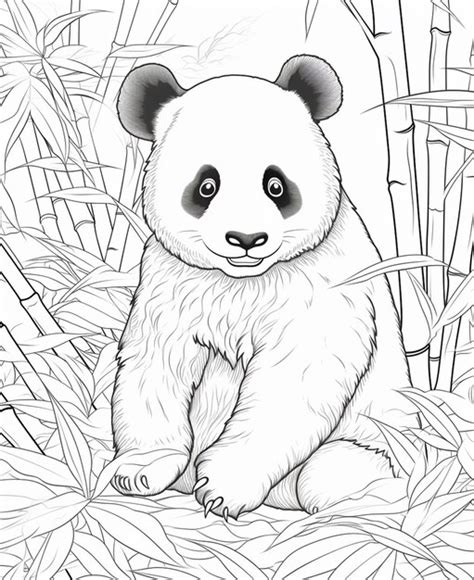 Urso panda sentado na floresta de bambu para colorir página generativa