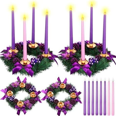 Fumete 2 Set Christmas Advent Wreath Candle Holder With 8 Led Flameless Taper